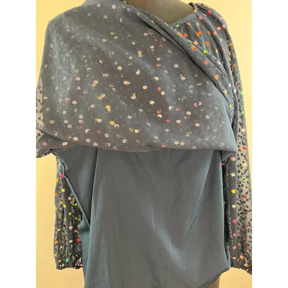 J. Crew Popover Long Sleeve Navy Blue Multi Rainbow Clip Dot Chiffon Blouse M